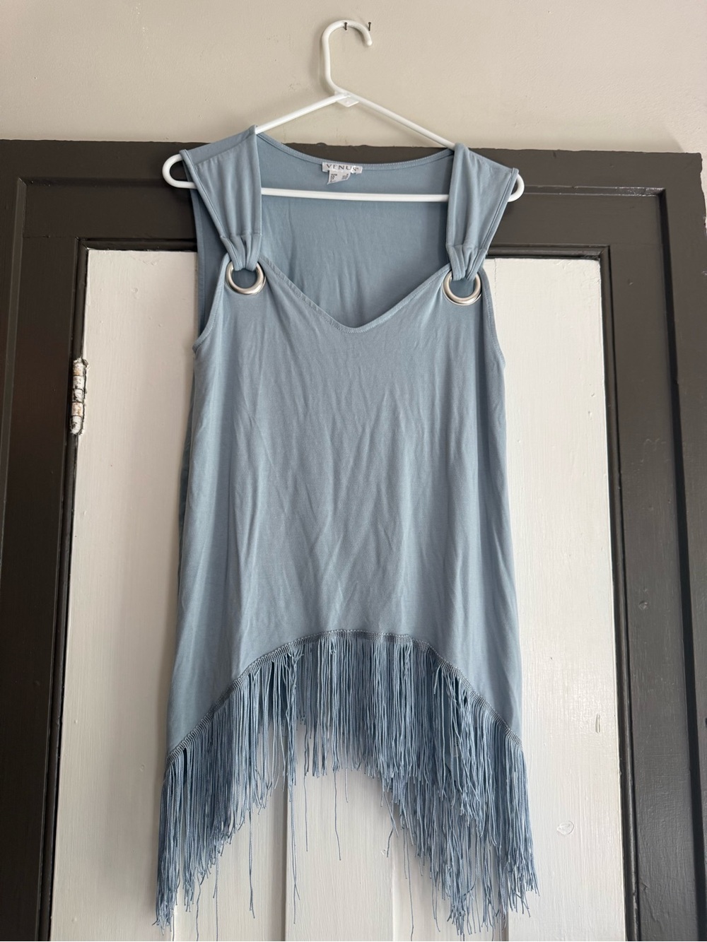VENUS Powder Blue Fringe Tank with Ring-Detail Straps